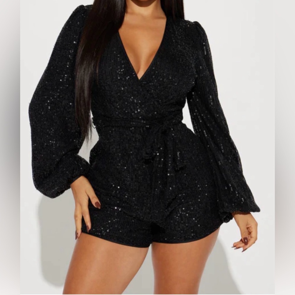 Fashion Nova Black Sequin Wrap Romper